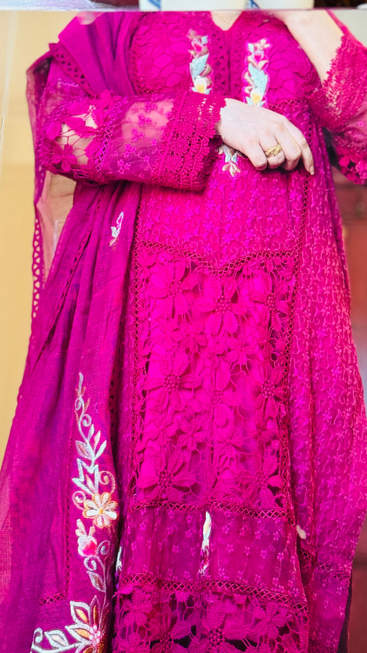 Luxury Net & Raw Silk 3PC Designer Suit | 3D Resham Embroidery | Elegant Wedding & Partywear Outfit 2025