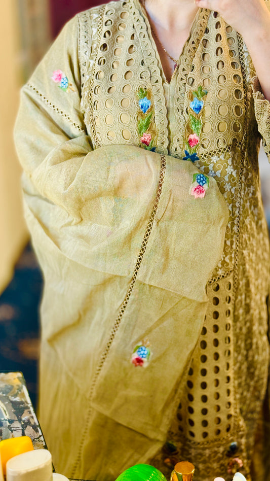 Luxury Beige Stitched 3-Piece Designer Suit – Net Shirt, Raw Silk Trousers & 3D Resham Embroidery | Wedding & Festive Wear