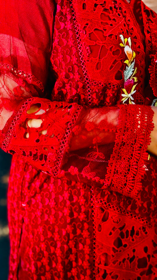 Luxury Red Net Embroidered Suit | 3 Piece Designer Dress – F FOR FASHION