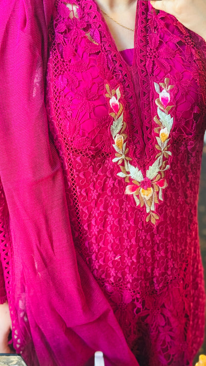 Luxury Net & Raw Silk 3PC Designer Suit | 3D Resham Embroidery | Elegant Wedding & Partywear Outfit 2025