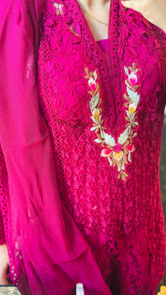 Luxury Net & Raw Silk 3PC Designer Suit | 3D Resham Embroidery | Elegant Wedding & Partywear Outfit 2025