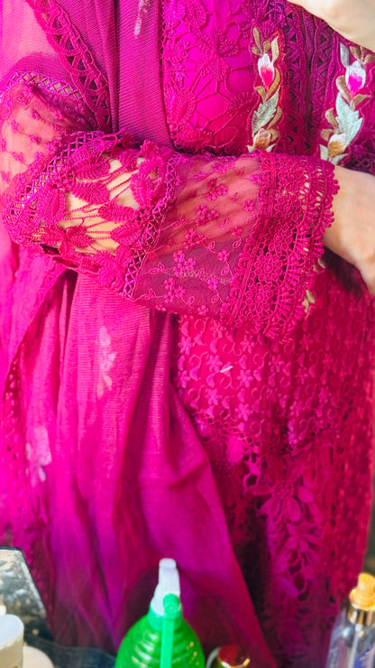 Luxury Net & Raw Silk 3PC Designer Suit | 3D Resham Embroidery | Elegant Wedding & Partywear Outfit 2025