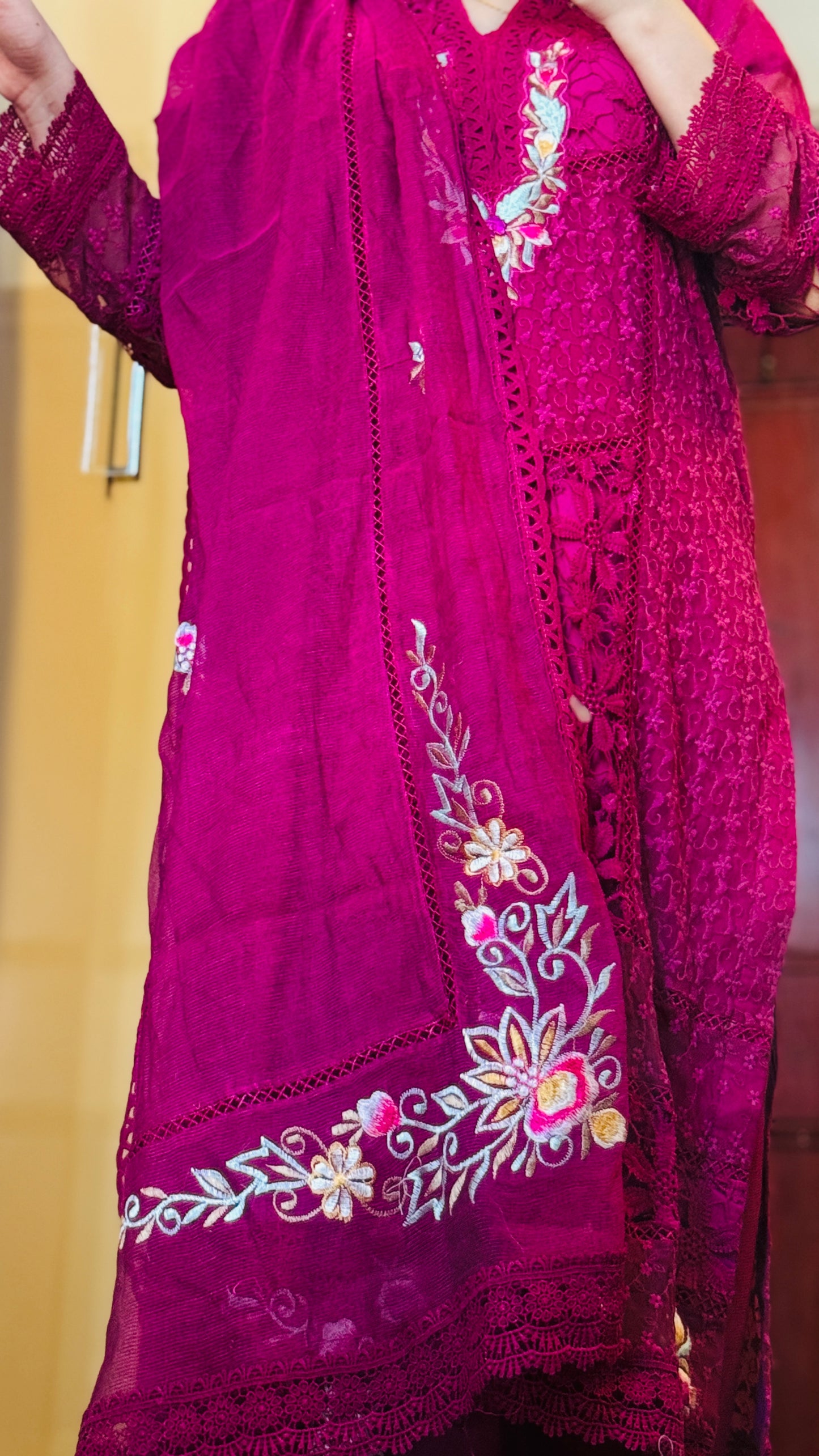 Luxury Net & Raw Silk 3PC Designer Suit | 3D Resham Embroidery | Elegant Wedding & Partywear Outfit 2025