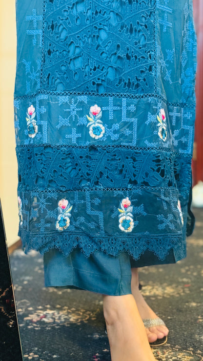 Luxury Teal Net 3 Piece Embroidered Suit | Resham & Cutwork Design | Elegant Womenswear