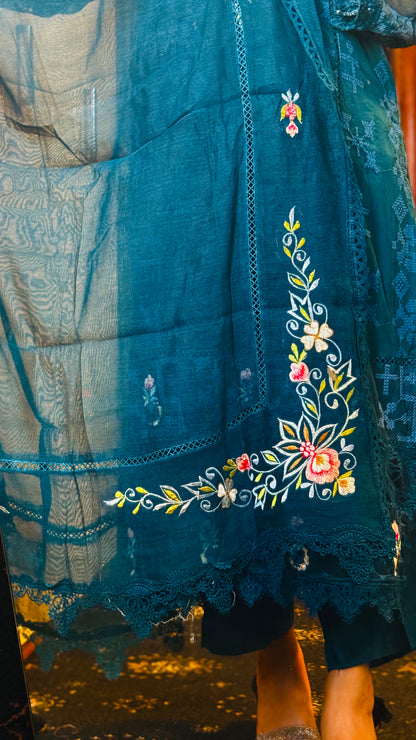 Luxury Teal Net 3 Piece Embroidered Suit | Resham & Cutwork Design | Elegant Womenswear