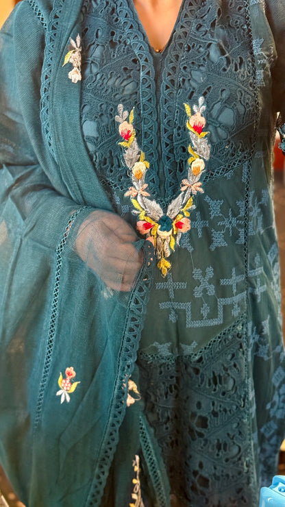 Luxury Teal Net 3 Piece Embroidered Suit | Resham & Cutwork Design | Elegant Womenswear