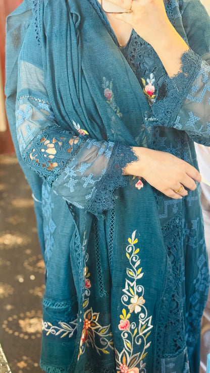 Luxury Teal Net 3 Piece Embroidered Suit | Resham & Cutwork Design | Elegant Womenswear