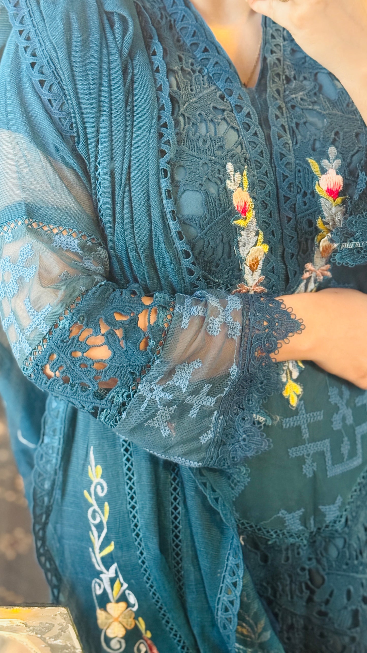 Luxury Teal Net 3 Piece Embroidered Suit | Resham & Cutwork Design | Elegant Womenswear