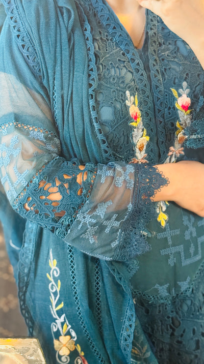 Luxury Teal Net 3 Piece Embroidered Suit | Resham & Cutwork Design | Elegant Womenswear
