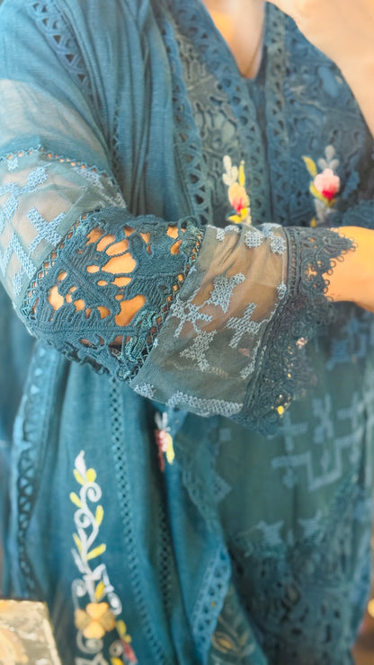 Luxury Teal Net 3 Piece Embroidered Suit | Resham & Cutwork Design | Elegant Womenswear
