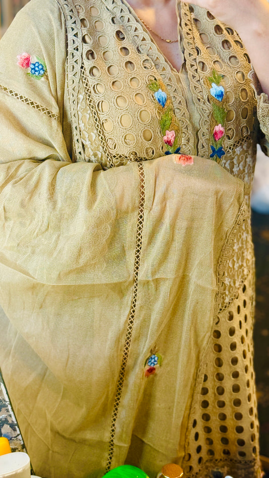 Luxury Beige Stitched 3-Piece Designer Suit – Net Shirt, Raw Silk Trousers & 3D Resham Embroidery | Wedding & Festive Wear