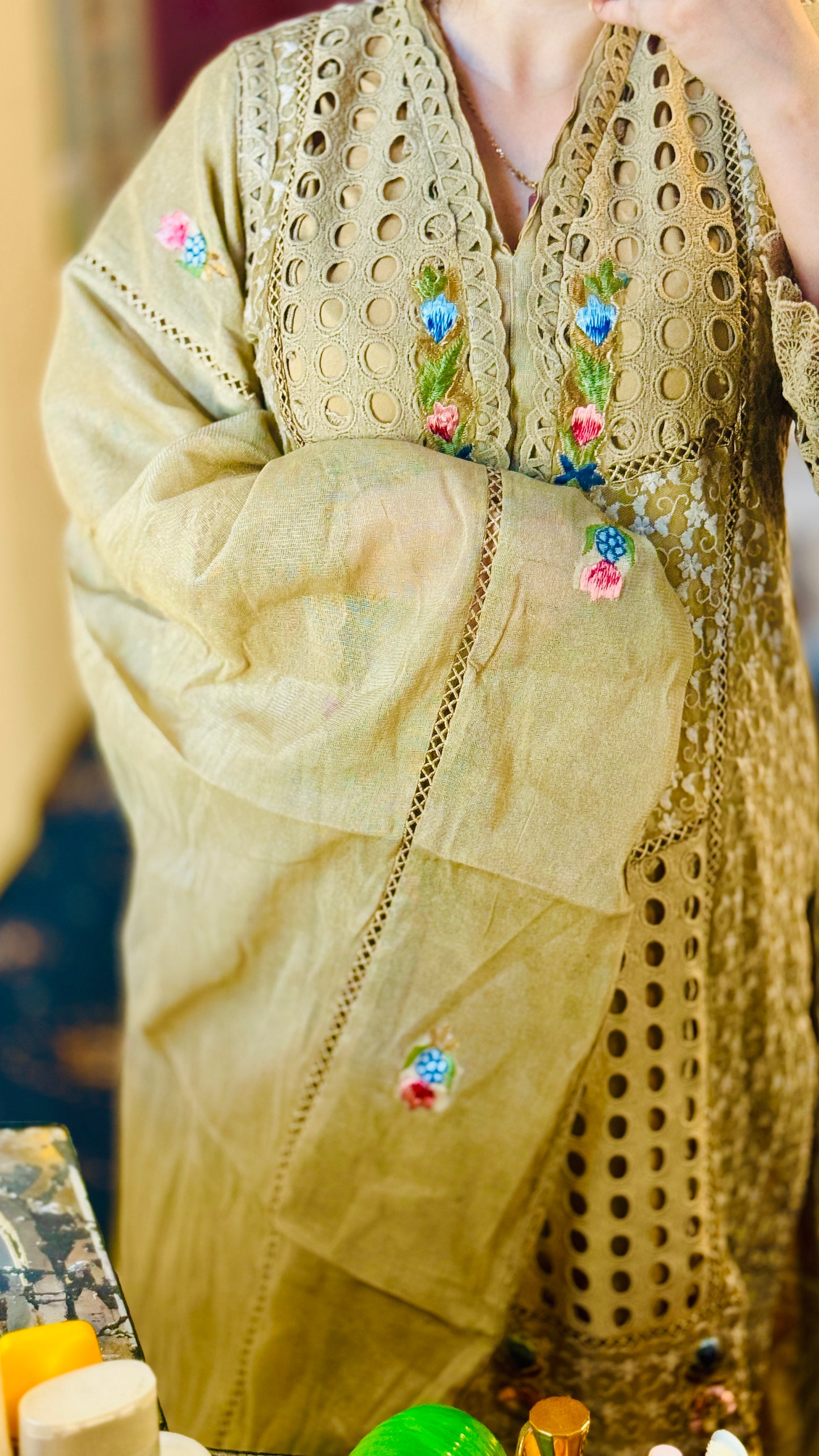 Luxury Beige Stitched 3-Piece Designer Suit – Net Shirt, Raw Silk Trousers & 3D Resham Embroidery | Wedding & Festive Wear