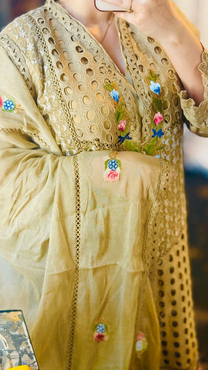 Luxury Beige Stitched 3-Piece Designer Suit – Net Shirt, Raw Silk Trousers & 3D Resham Embroidery | Wedding & Festive Wear