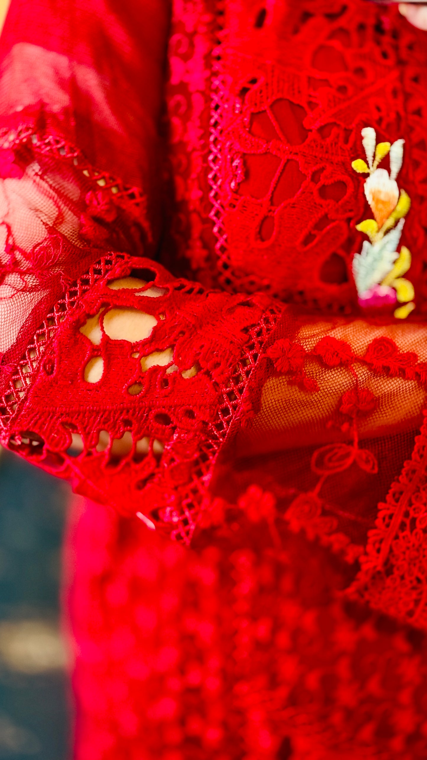 Luxury Red Net Embroidered Suit – 3 Piece Designer Outfit with Resham & Cutwork Detailing | F FOR FASHION London