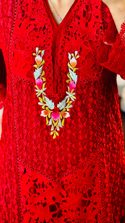 Luxury Red Net Embroidered Suit – 3 Piece Designer Outfit with Resham & Cutwork Detailing | F FOR FASHION London