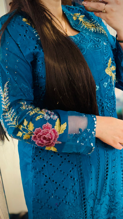 Zinc Grey Embroidered Lawn Suit – 3 Piece Designer Outfit with Net Dupatta | F FOR FASHION London