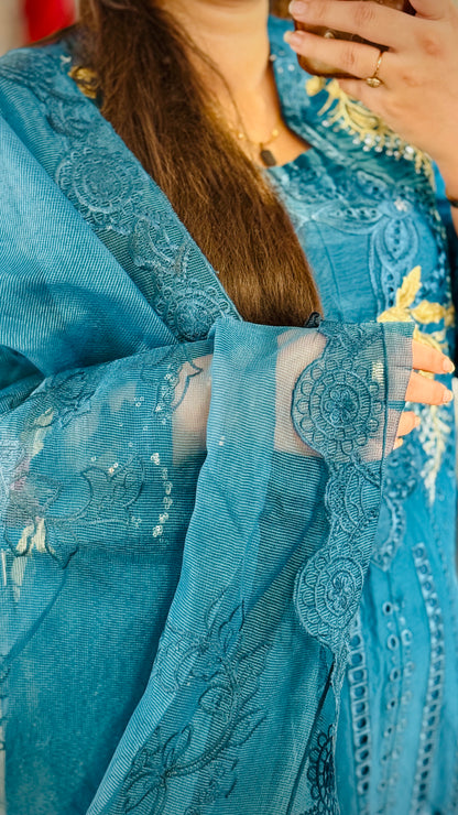 Zinc Grey Embroidered Lawn Suit – 3 Piece Designer Outfit with Net Dupatta | F FOR FASHION London