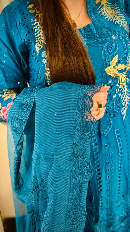 Zinc Grey Embroidered Lawn Suit – 3 Piece Designer Outfit with Net Dupatta | F FOR FASHION London