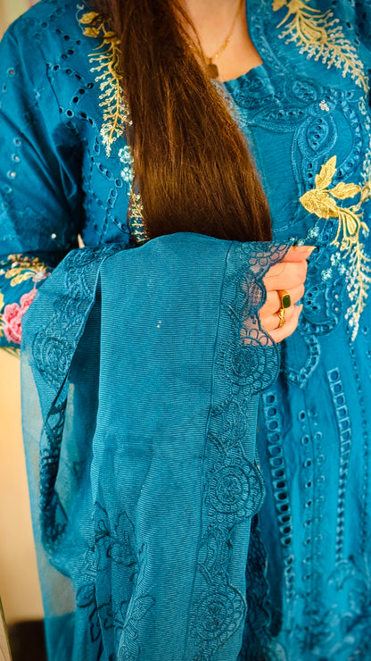 Zinc Grey Embroidered Lawn Suit – 3 Piece Designer Outfit with Net Dupatta | F FOR FASHION London