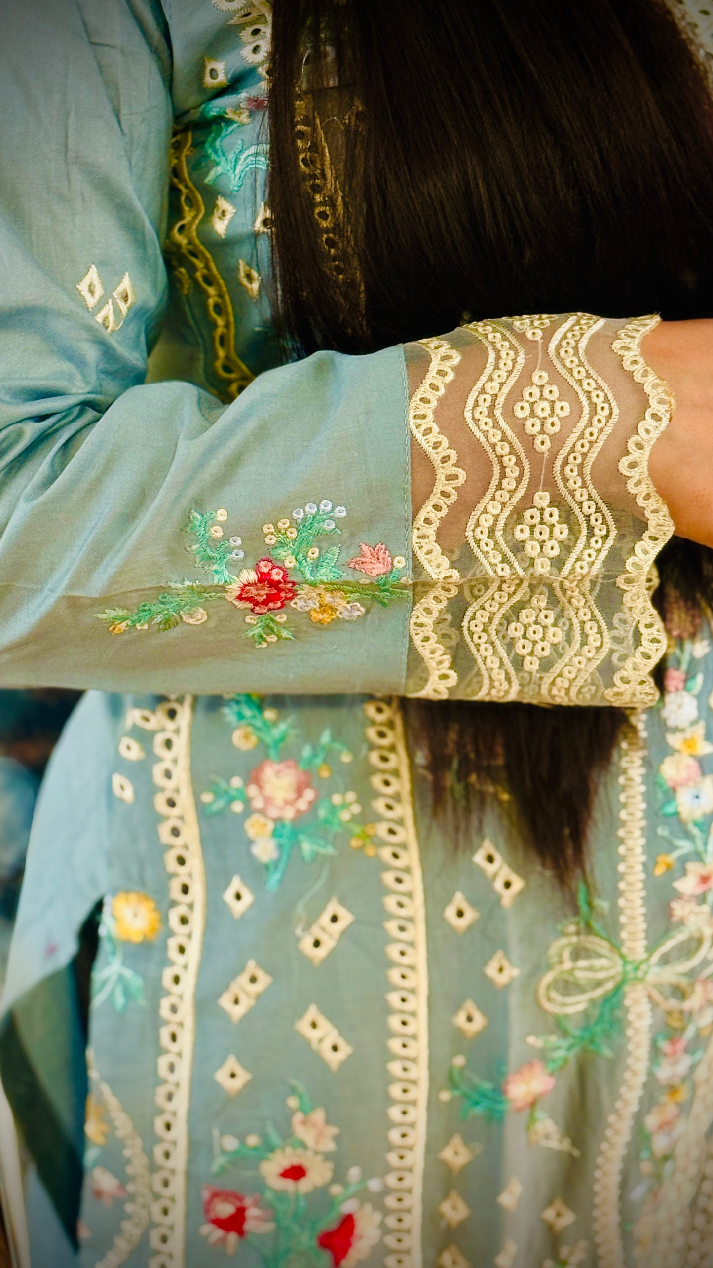 Sky Blue Embroidered Lawn Suit – 3 Piece Stitched Designer Dress | Luxury Pakistani Outfit by F FOR FASHION London