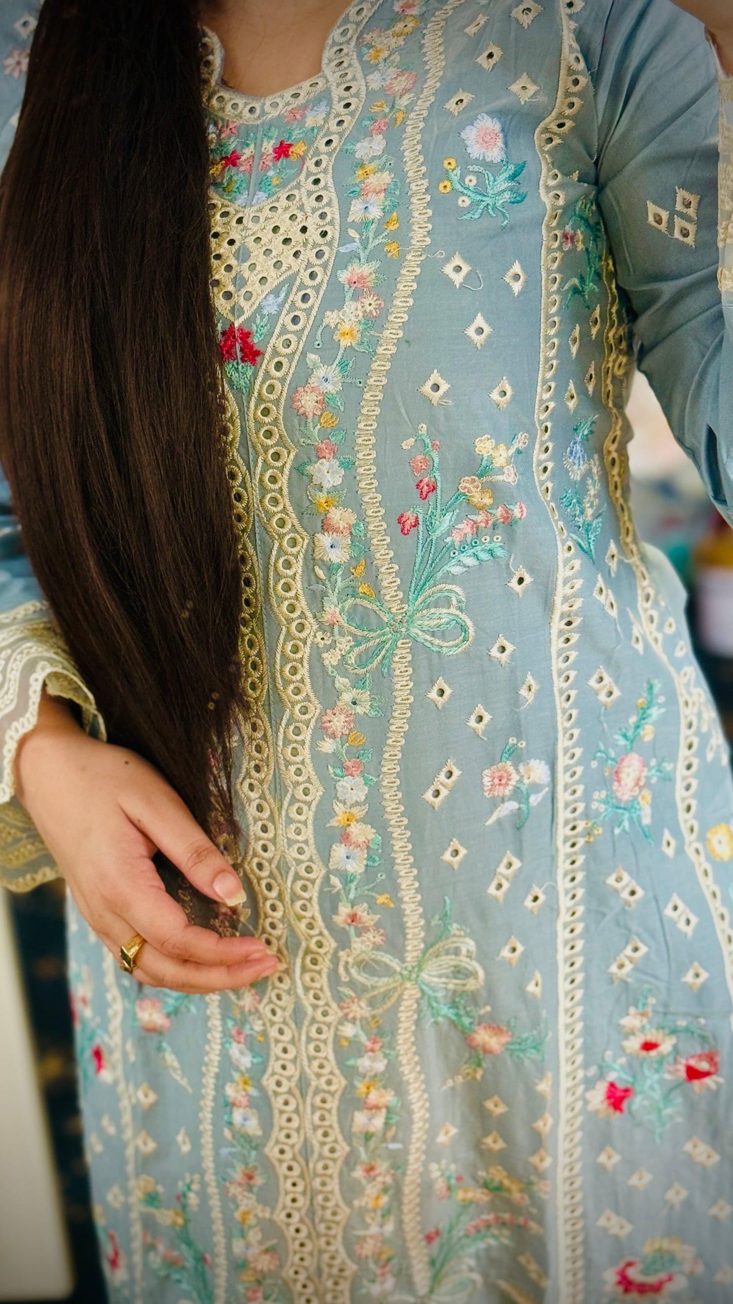 Sky Blue Embroidered Lawn Suit – 3 Piece Stitched Designer Dress | Luxury Pakistani Outfit by F FOR FASHION London
