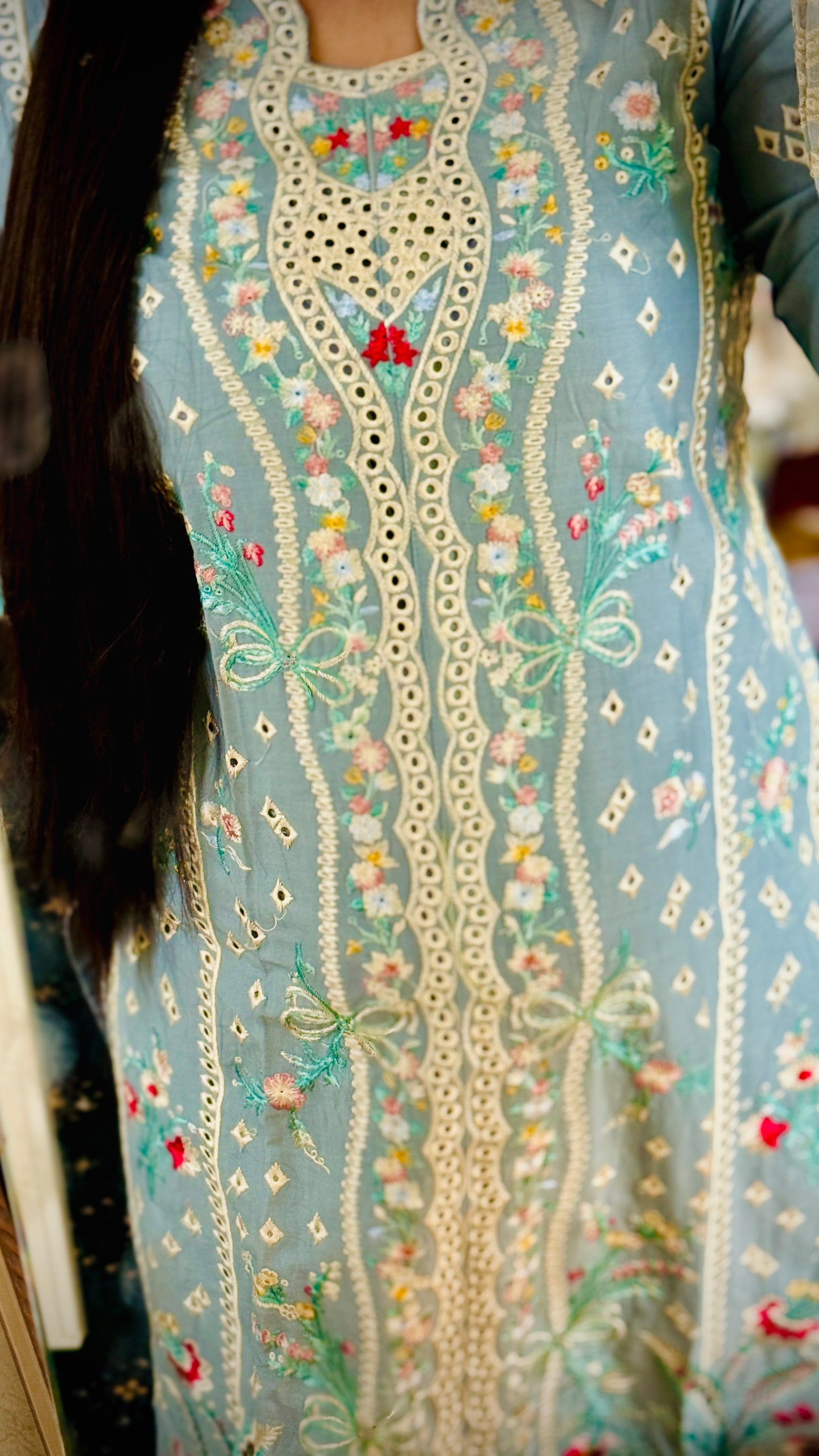 Sky Blue Embroidered Lawn Suit – 3 Piece Stitched Designer Dress | Luxury Pakistani Outfit by F FOR FASHION London