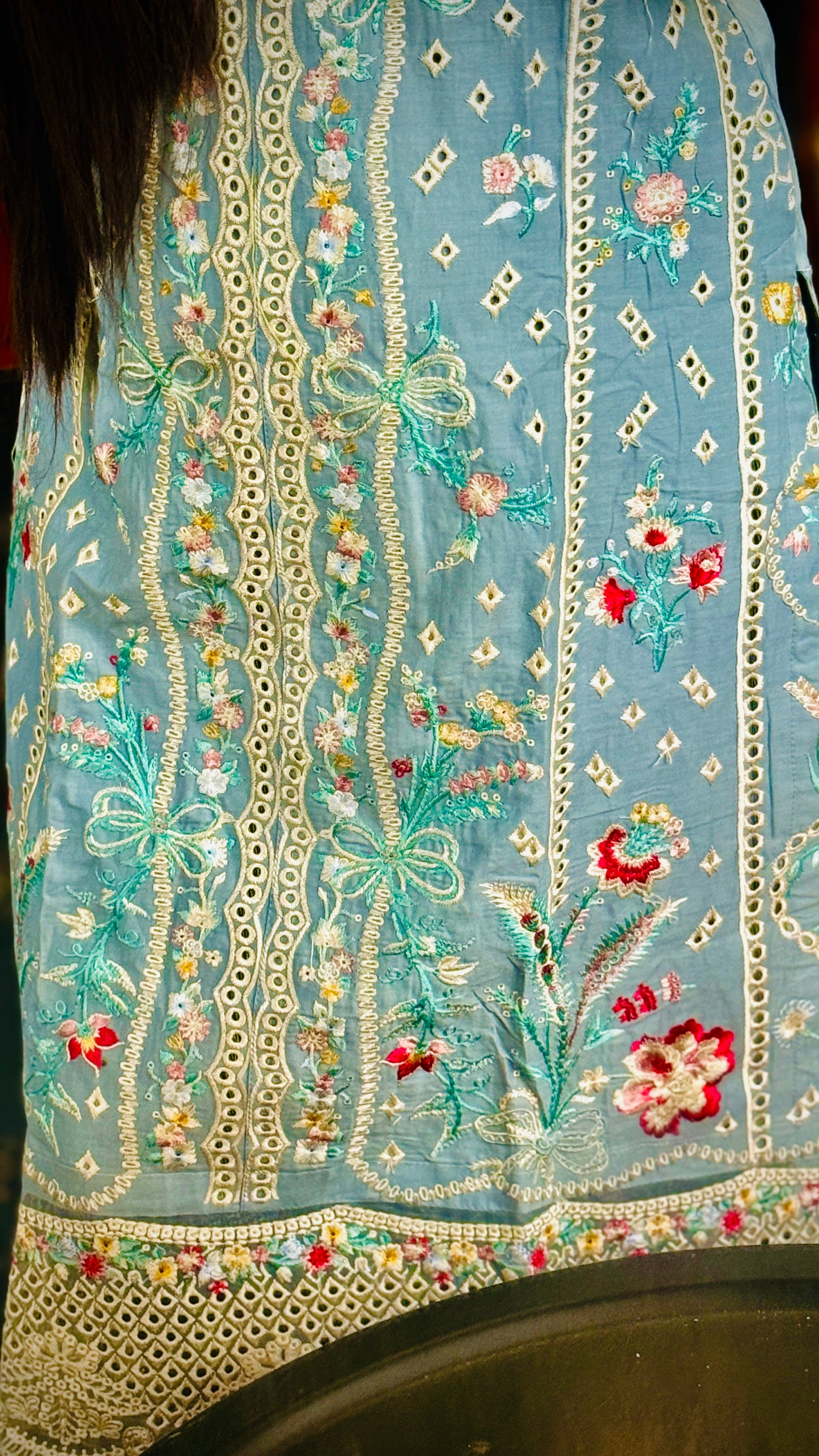 Sky Blue Embroidered Lawn Suit – 3 Piece Stitched Designer Dress | Luxury Pakistani Outfit by F FOR FASHION London