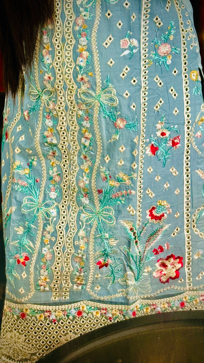 Sky Blue Embroidered Lawn Suit – 3 Piece Stitched Designer Dress | Luxury Pakistani Outfit by F FOR FASHION London