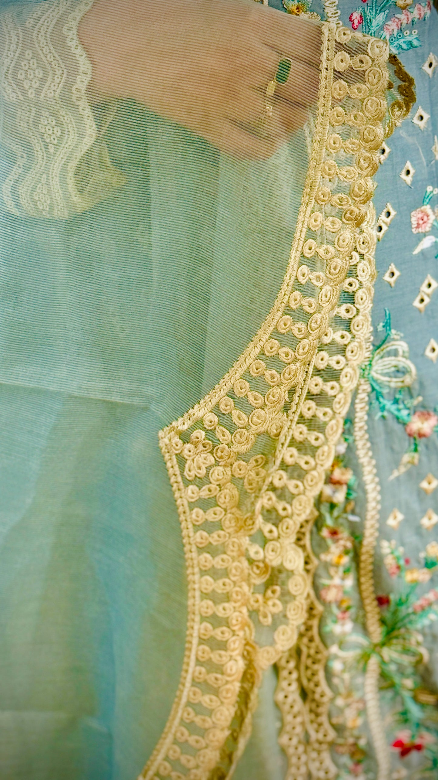 Sky Blue Embroidered Lawn Suit – 3 Piece Stitched Designer Dress | Luxury Pakistani Outfit by F FOR FASHION London