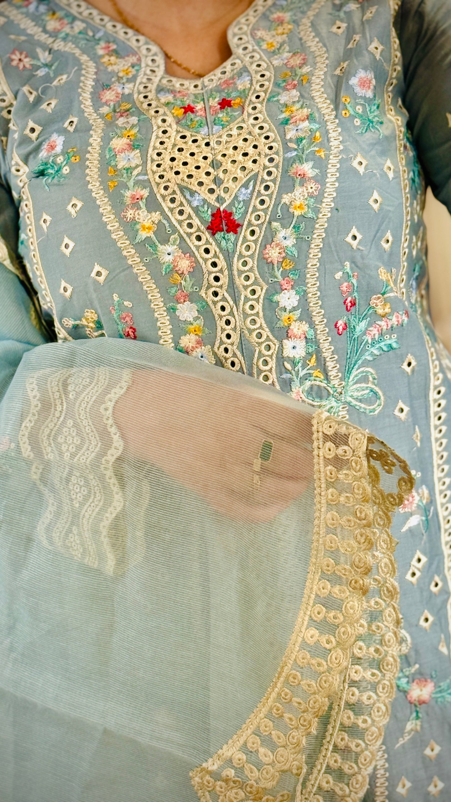 Sky Blue Embroidered Lawn Suit – 3 Piece Stitched Designer Dress | Luxury Pakistani Outfit by F FOR FASHION London