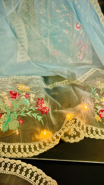 Sky Blue Embroidered Lawn Suit – 3 Piece Stitched Designer Dress | Luxury Pakistani Outfit by F FOR FASHION London