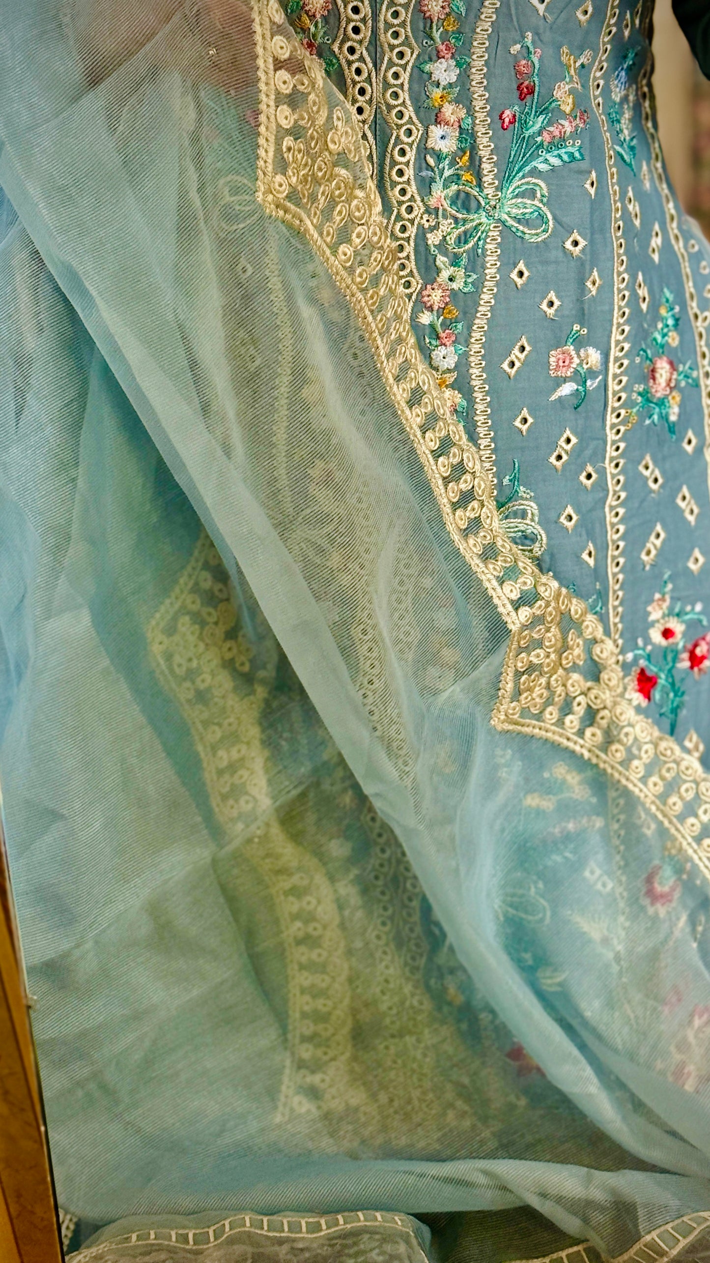 Sky Blue Embroidered Lawn Suit – 3 Piece Stitched Designer Dress | Luxury Pakistani Outfit by F FOR FASHION London