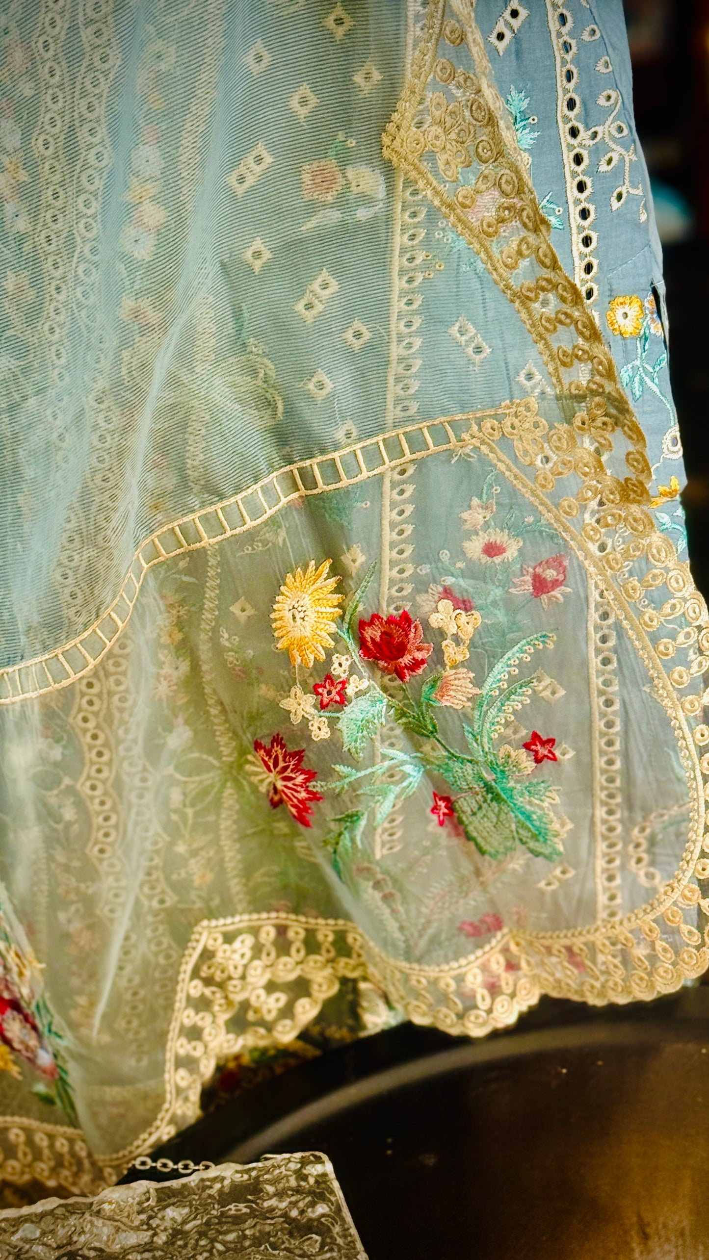 Sky Blue Embroidered Lawn Suit – 3 Piece Stitched Designer Dress | Luxury Pakistani Outfit by F FOR FASHION London