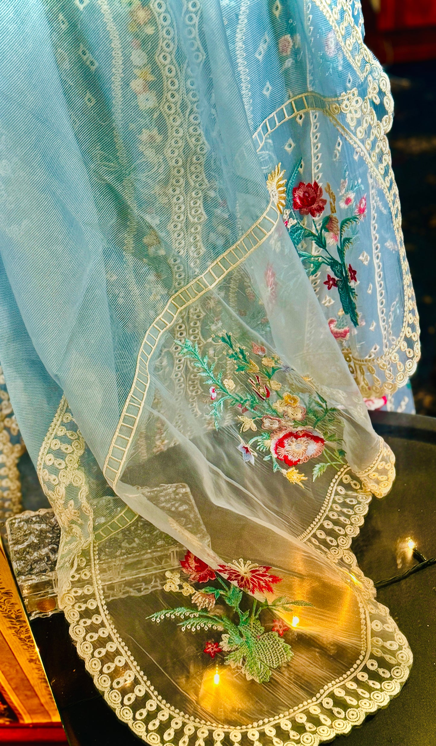 Sky Blue Embroidered Lawn Suit – 3 Piece Stitched Designer Dress | Luxury Pakistani Outfit by F FOR FASHION London