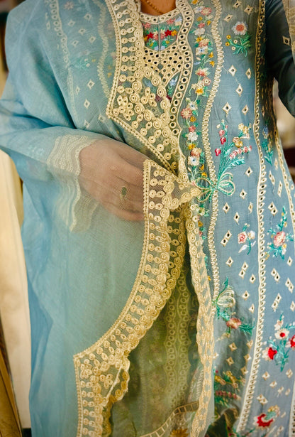 Sky Blue Embroidered Lawn Suit – 3 Piece Stitched Designer Dress | Luxury Pakistani Outfit by F FOR FASHION London