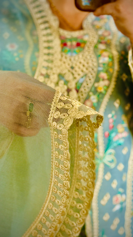 Sky Blue Embroidered Lawn Suit – 3 Piece Stitched Designer Dress | Luxury Pakistani Outfit by F FOR FASHION London