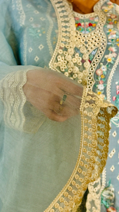 Sky Blue Embroidered Lawn Suit – 3 Piece Stitched Designer Dress | Luxury Pakistani Outfit by F FOR FASHION London