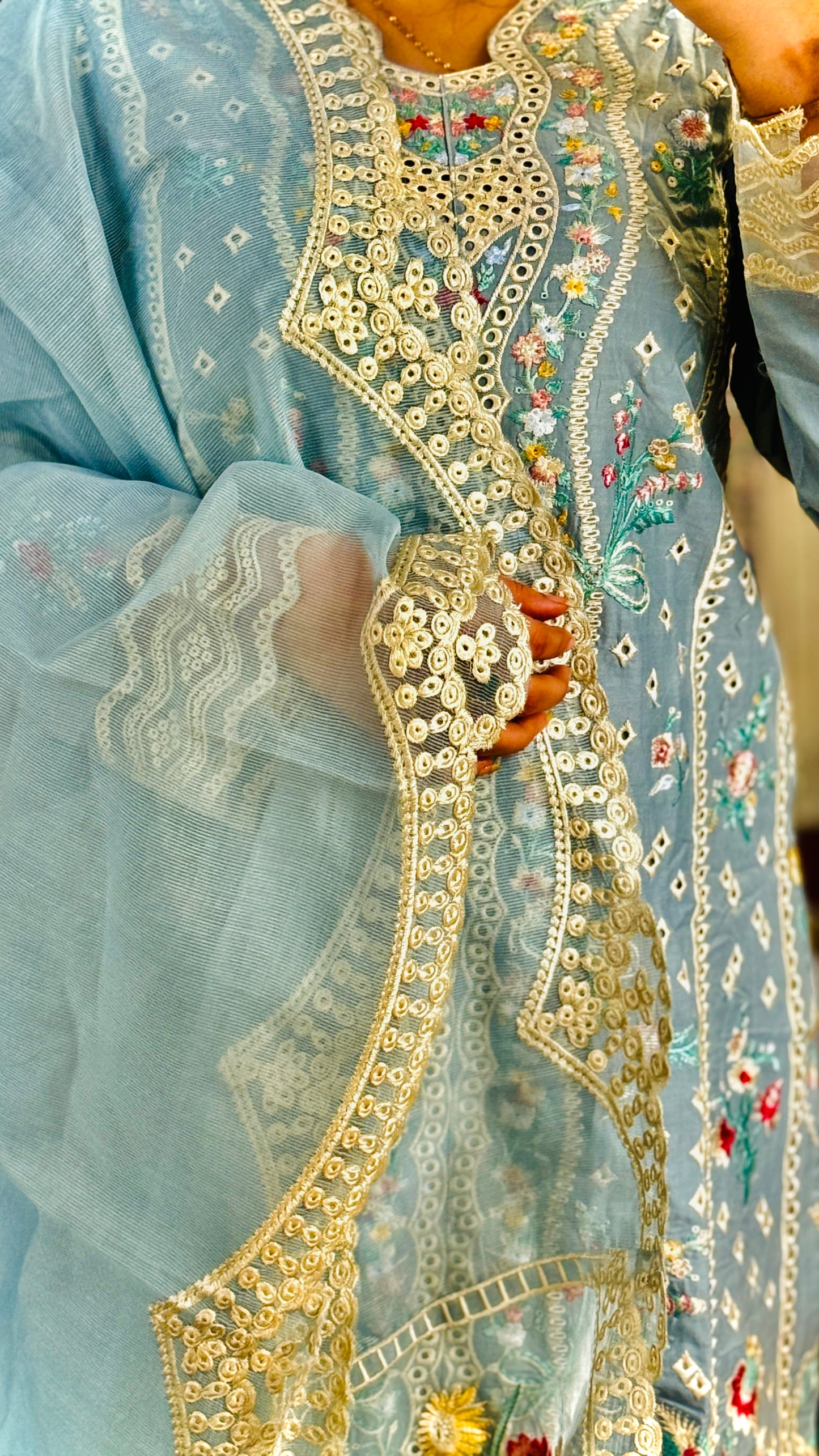 Sky Blue Embroidered Lawn Suit – 3 Piece Stitched Designer Dress | Luxury Pakistani Outfit by F FOR FASHION London