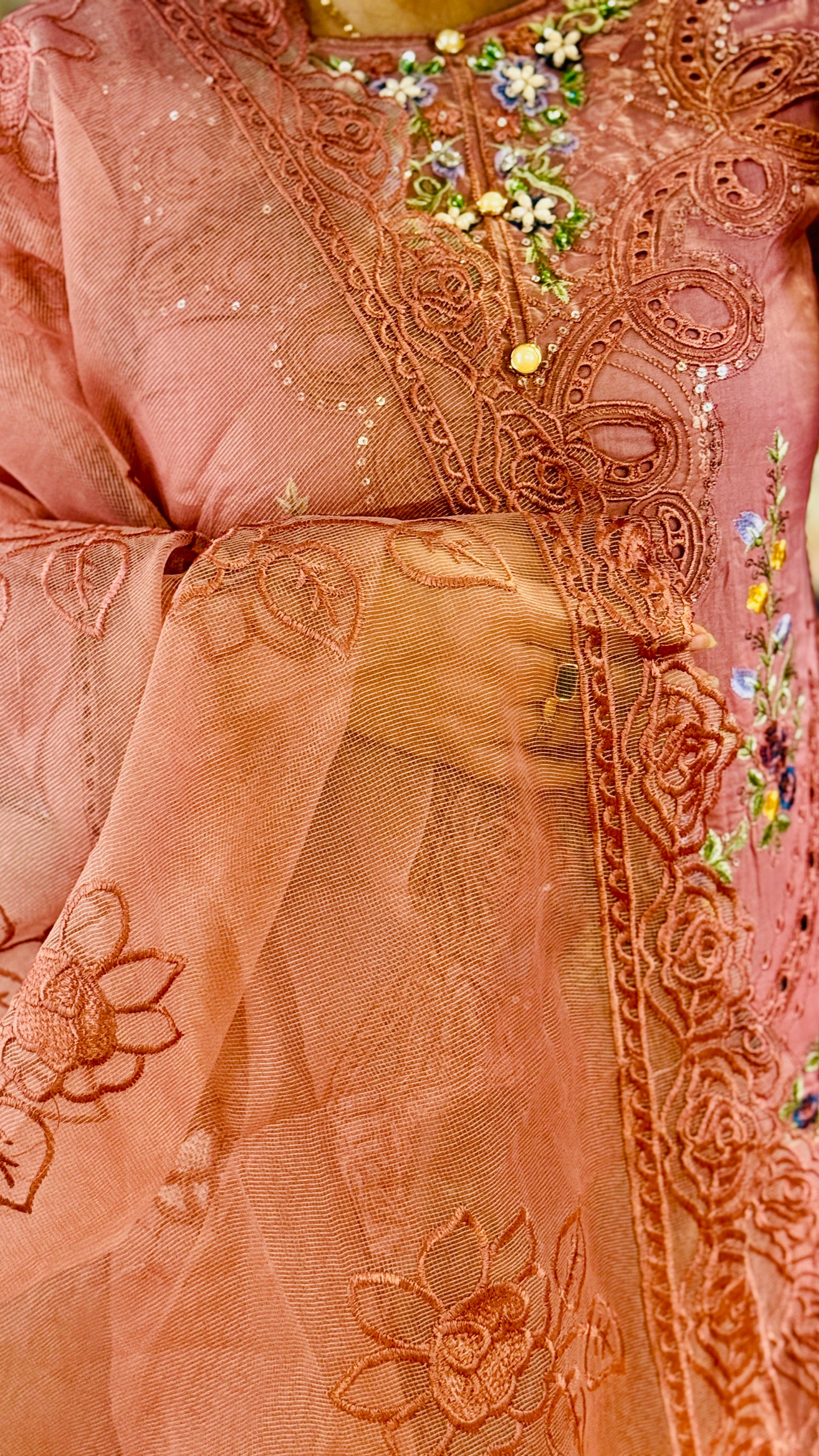 Designer Soothing Peach Embroidered Lawn Suit – Pure Lawn Elegance 3 Piece Designer Outfit | F FOR FASHION London