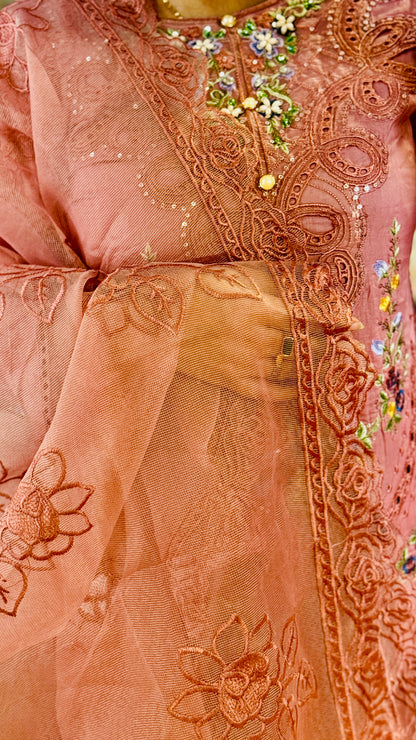 Designer Soothing Peach Embroidered Lawn Suit – Pure Lawn Elegance 3 Piece Designer Outfit | F FOR FASHION London