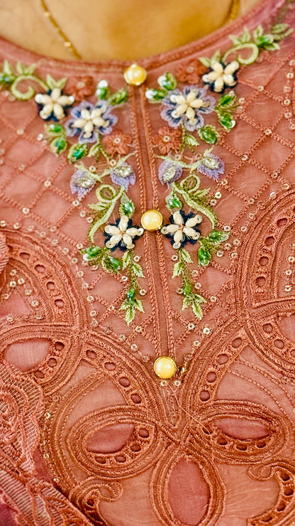 Designer Soothing Peach Embroidered Lawn Suit – Pure Lawn Elegance 3 Piece Designer Outfit | F FOR FASHION London