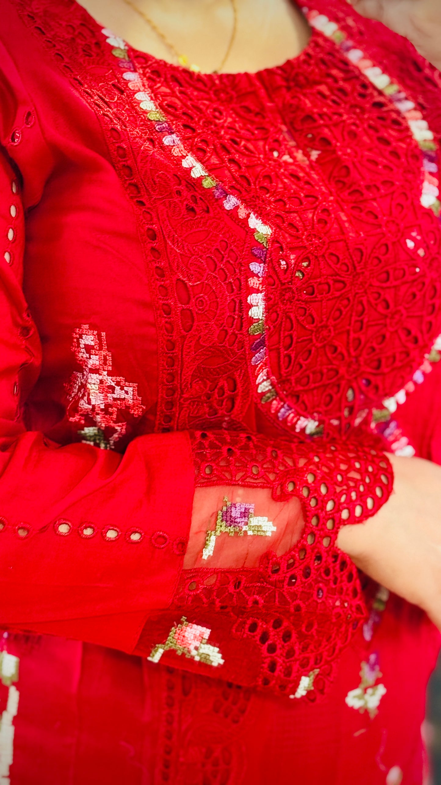 Power Red Embroidered Lawn Suit – Luxury 3 Piece Designer Outfit | F FOR FASHION London