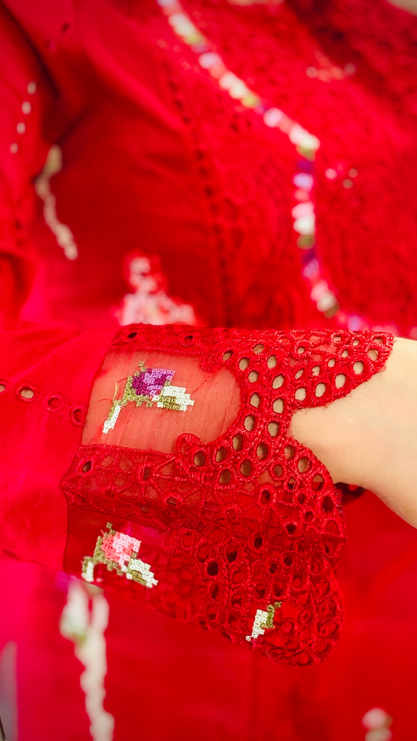 Power Red Embroidered Lawn Suit – Luxury 3 Piece Designer Outfit | F FOR FASHION London