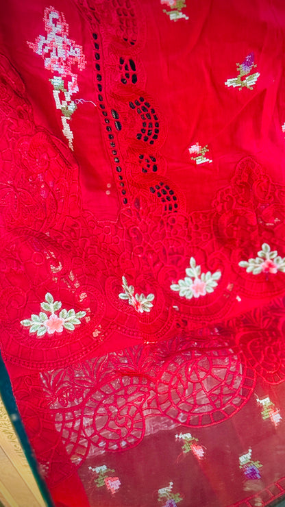 Power Red Embroidered Lawn Suit – Luxury 3 Piece Designer Outfit | F FOR FASHION London