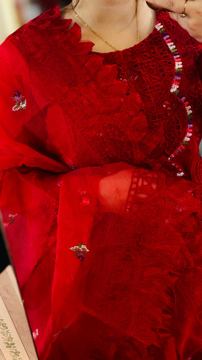 Power Red Embroidered Lawn Suit – Luxury 3 Piece Designer Outfit | F FOR FASHION London