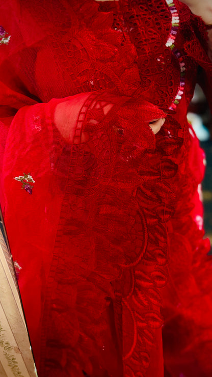 Power Red Embroidered Lawn Suit – Luxury 3 Piece Designer Outfit | F FOR FASHION London