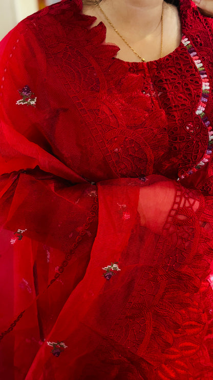 Power Red Embroidered Lawn Suit – Luxury 3 Piece Designer Outfit | F FOR FASHION London