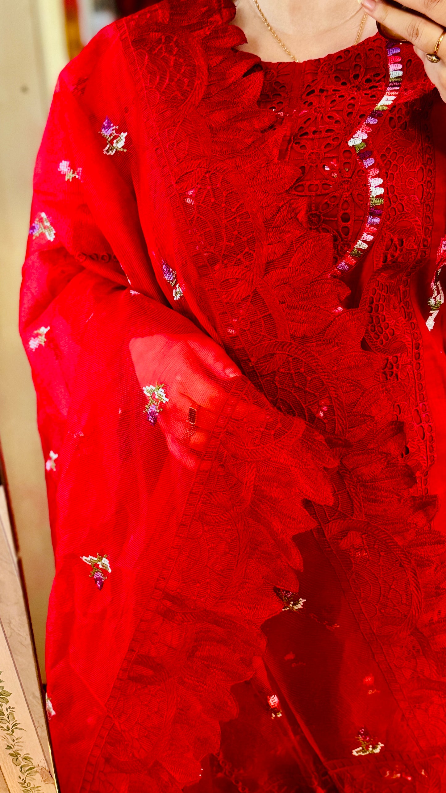 Power Red Embroidered Lawn Suit – Luxury 3 Piece Designer Outfit | F FOR FASHION London