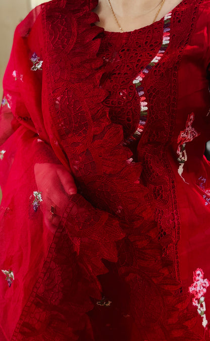 Power Red Embroidered Lawn Suit – Luxury 3 Piece Designer Outfit | F FOR FASHION London