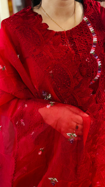 Power Red Embroidered Lawn Suit – Luxury 3 Piece Designer Outfit | F FOR FASHION London